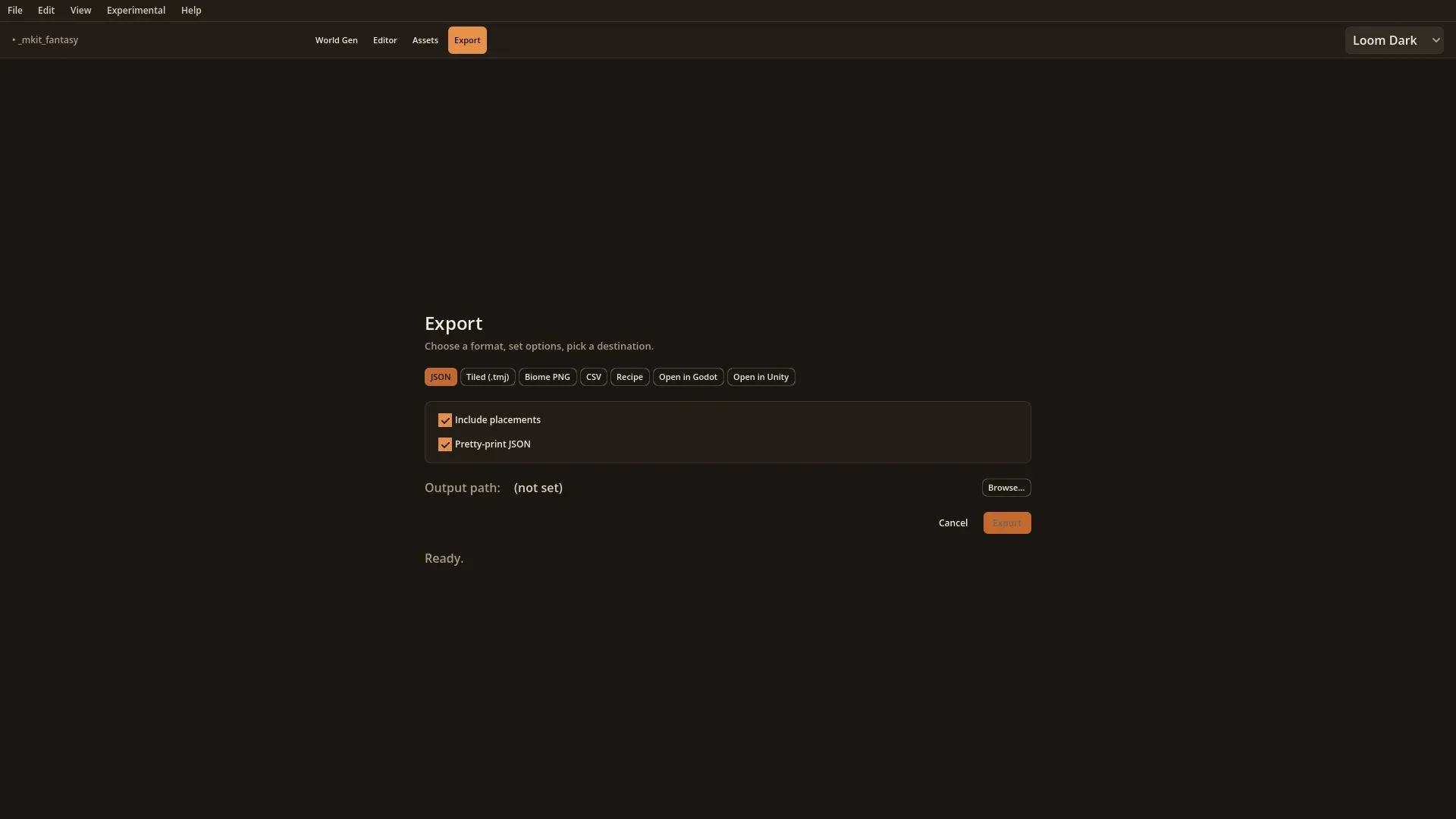 Export screen with engine and format choices