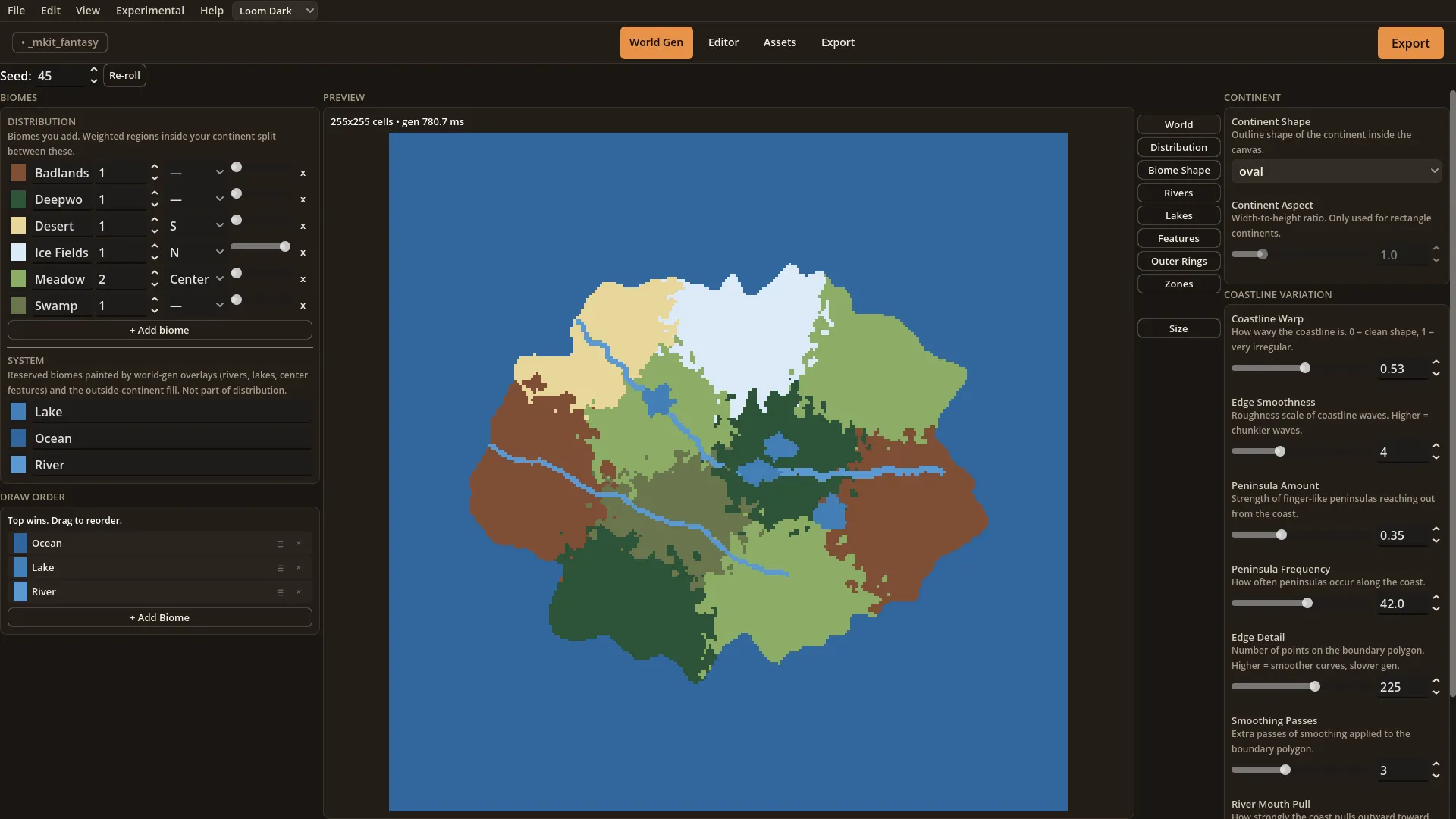 World Gen screen with canvas, partition mode, and biome inspector